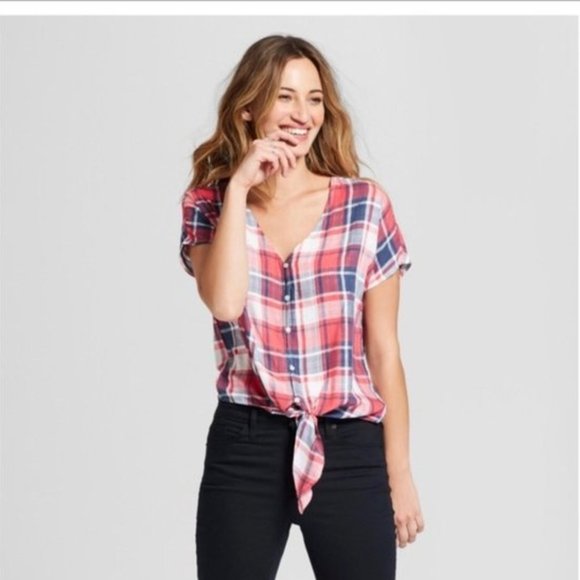 Universal Thread Plaid Button Down Tie Front Top